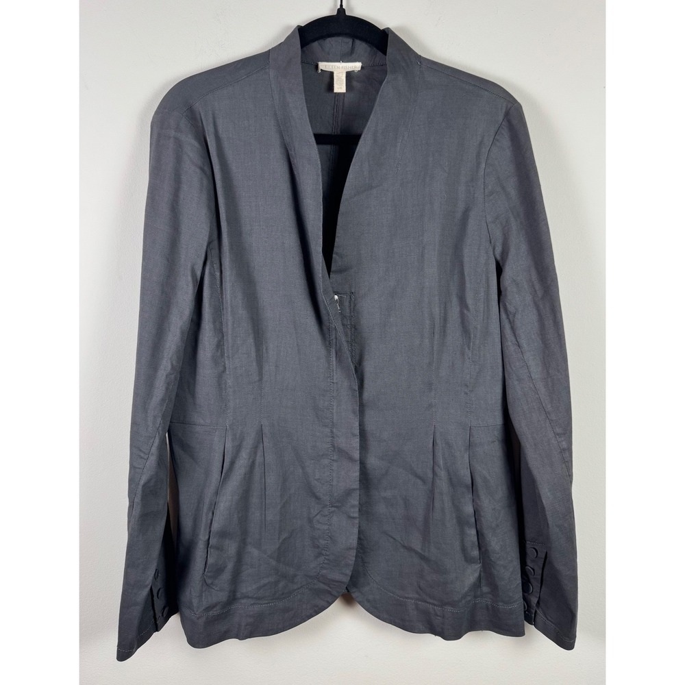 Eileen Fisher Organic Linen Blend Open Front Blazer Gray Large